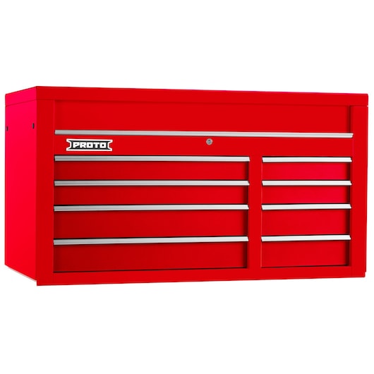 PROTO J555027-8RD red steel tool chest with multiple drawers, front angle on white background.