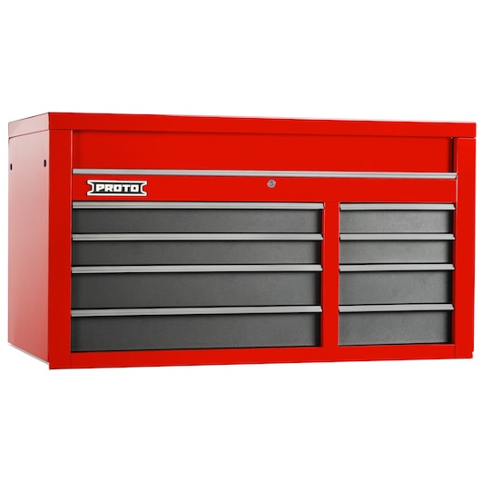 PROTO J555027-8SG red steel tool chest with multiple black drawers, front angle on white background.