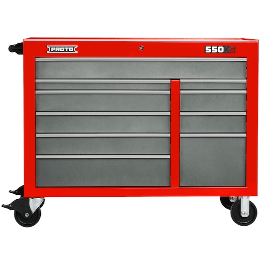 Front angle photo of PROTO J555041-10SG red and gray rolling tool chest with multiple drawers.