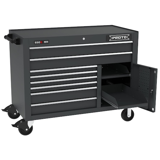 50" wide Workstation with 8 drawers and 2 sliding bins; open