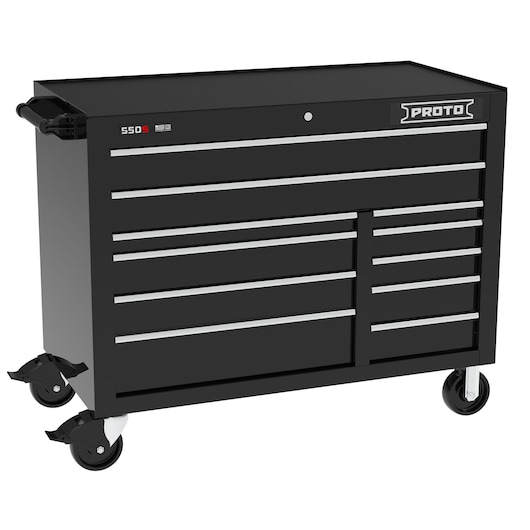PROTO J555041B-11BK black rolling tool chest with multiple drawers, front angle, photography.