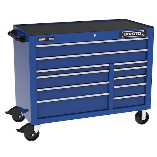PROTO J555041B-11BL blue rolling tool cabinet with eleven drawers, side handle, and four caster wheels, front angle.
