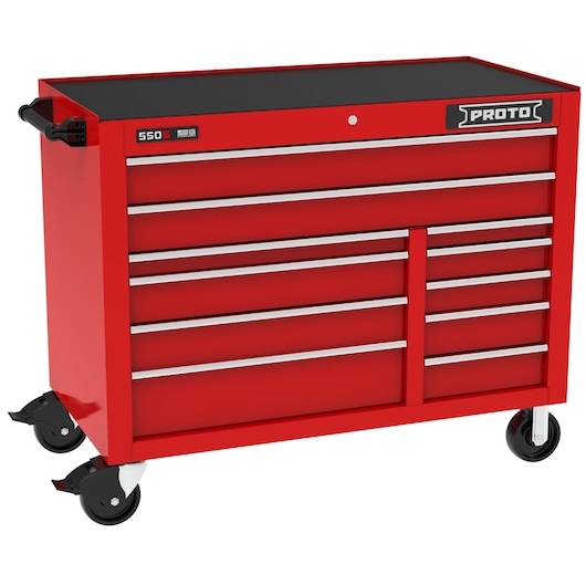 PROTO J555041B-11RD red rolling tool chest with multiple drawers, black top, and side handle, front angle on white.