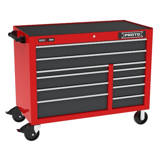 PROTO J555041B-11SG red rolling tool chest with multiple drawers, front angle, photography.