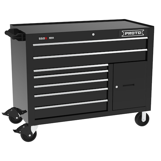Photo of PROTO J555041B-7BK-1S black rolling tool cabinet with seven drawers, side handle, and lockable door, front angle.