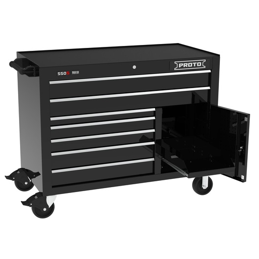 PROTO rolling tool cabinet J555041B-7BK-1S with seven drawers, one side door open, black finish, front angle.