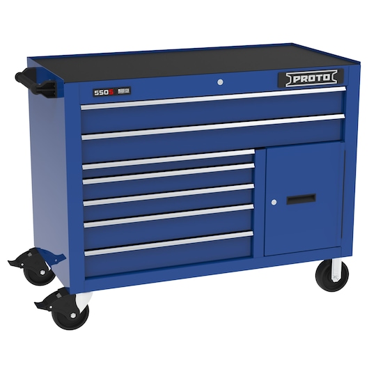 PROTO J555041B-7BL-1S blue rolling tool cabinet with seven drawers and side storage compartment, front angle.