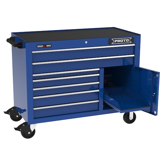PROTO J555041B-7BL-1S blue rolling tool chest with seven drawers and an open side cabinet, frontal view.
