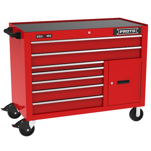 PROTO J555041B-7RD-1S red rolling tool cabinet with drawers and side door, front angle on white background.