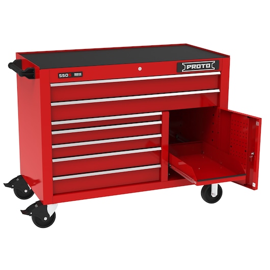 PROTO J555041B-7RD-1S red rolling tool chest with multiple drawers and open side cabinet, side view on white.