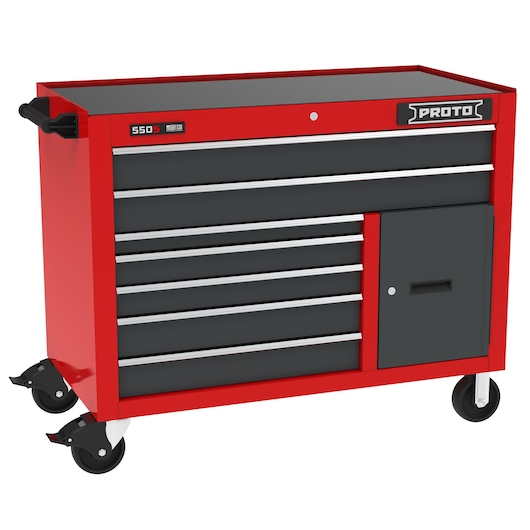 PROTO J555041B-7SG-1S red and black rolling tool cabinet with six drawers and side compartment, front angle.
