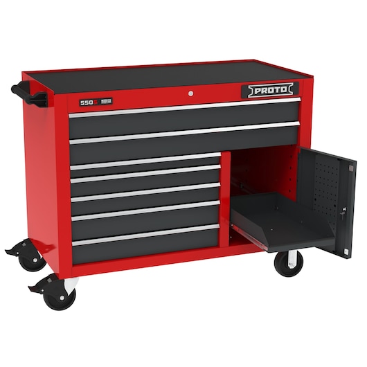 PROTO J555041B-7SG-1S red rolling tool chest with multiple drawers and open side cabinet, front angle on white.