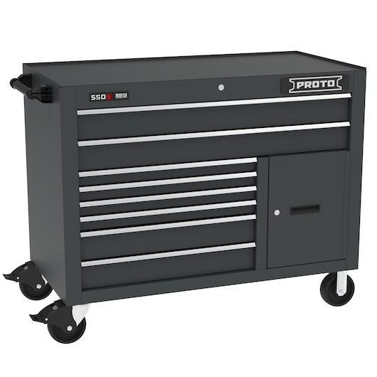 PROTO J555041B-8BK-1S black rolling tool chest with eight drawers and side cabinet, front angle, white background.