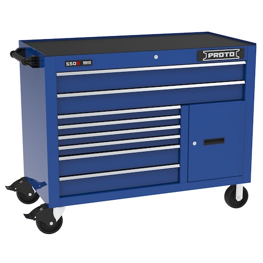 Photo of PROTO J555041B-8BL-1S blue rolling tool cabinet with multiple drawers, side handle, and lockable compartment, front angle.