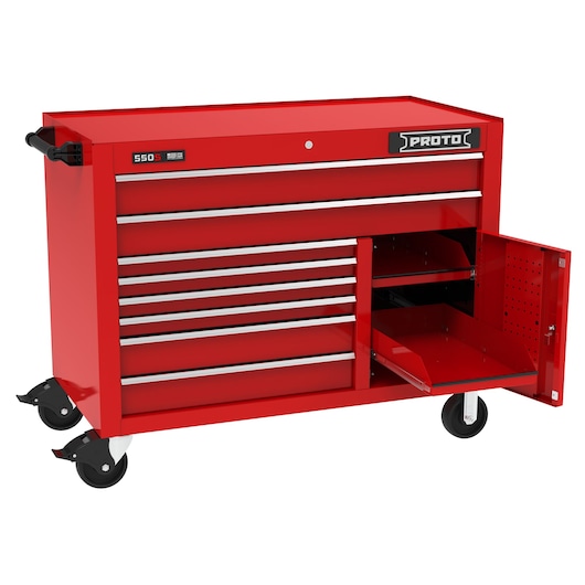 PROTO J555041B-8RD-1S red tool chest with multiple drawers and side cabinet on casters, white background, angled view.