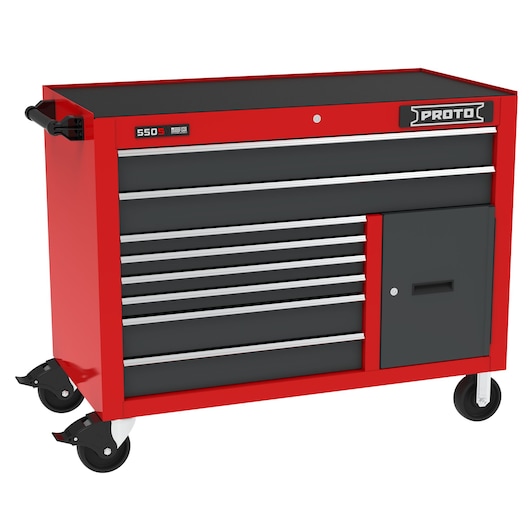 PROTO J555041B-8SG-1S red rolling tool chest with black drawers and cabinet, side handle, photography front angle