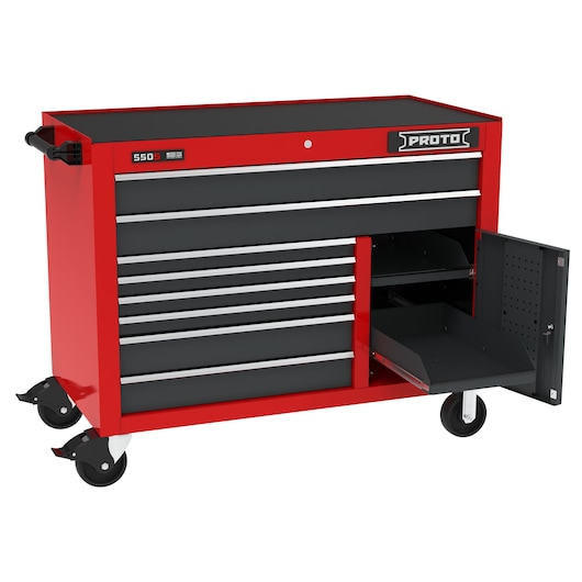 PROTO J555041B-8SG-1S red tool chest with multiple drawers and open side cabinet, side angle, white background.