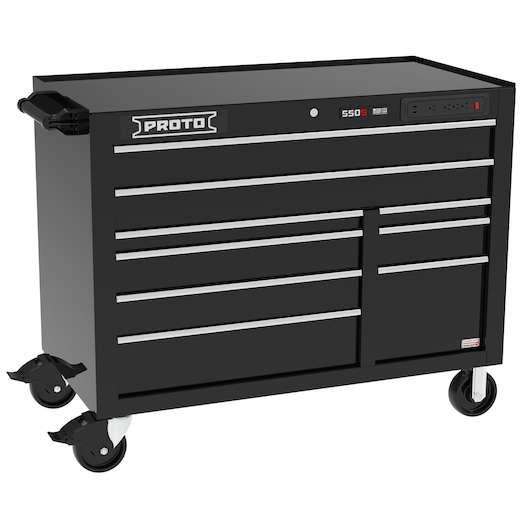 PROTO J555041B-9BKPDP black rolling tool chest with multiple drawers, side handle, and caster wheels, front angle.