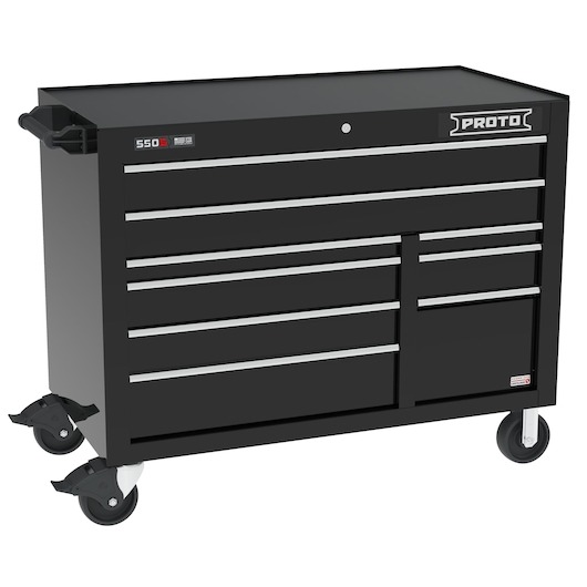 PROTO J555041B-9BKPD black rolling tool chest with multiple drawers, side handle, and lock, front angle on white.