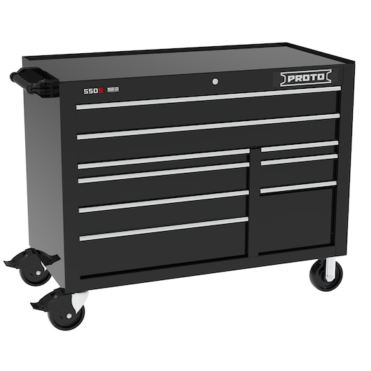 PROTO J555041B-9BK black rolling tool cabinet with multiple drawers, left side handle, front angle on white background.
