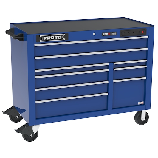 Photo of PROTO blue tool chest J555041B-9BLPDP with drawers, casters, top work surface, shown at angle on white background.