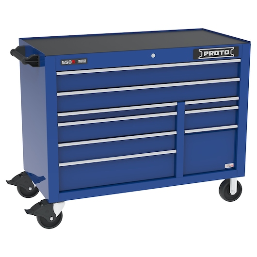 PROTO J555041B-9BLPD blue rolling tool cabinet with eight drawers, side handle, and locking casters, angled view.
