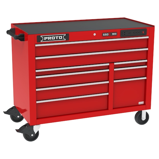 PROTO J555041B-9RDPDP red rolling tool chest with multiple drawers, photographed from front angle.