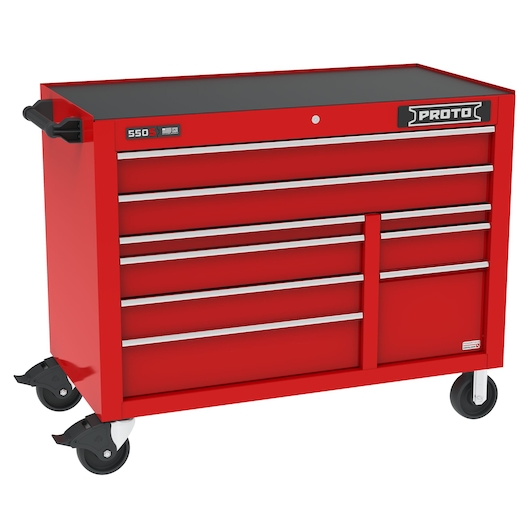 PROTO J555041B-9RDPD red rolling tool chest with multiple drawers, side handle, and four caster wheels, front view.