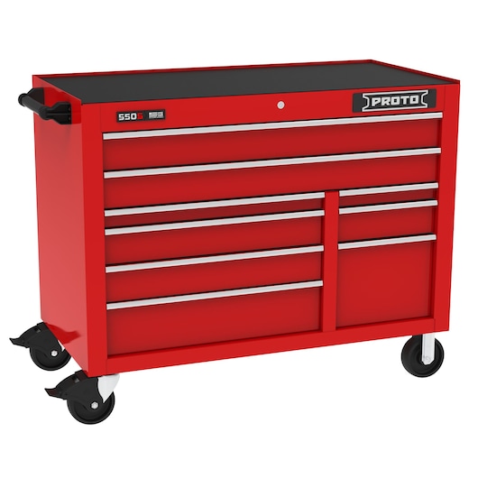 PROTO J555041B-9RD red rolling tool chest with multiple drawers, side handle, front angle, photography