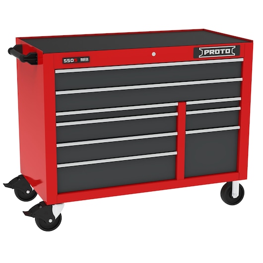 PROTO J555041B-9SG red rolling tool chest with seven drawers, side handle, front angle.