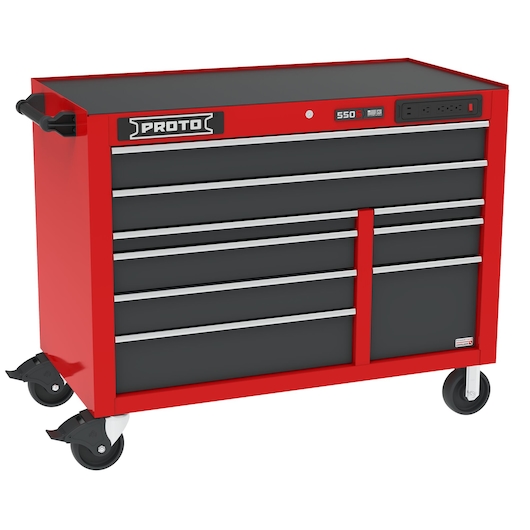 PROTO J555041B-9SGPDP red steel rolling tool cabinet with eight black drawers, side handle, and lock, front angle.