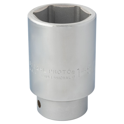 PROTO J5552HL chrome socket, cylindrical shape, six-point opening, product photo on white background.