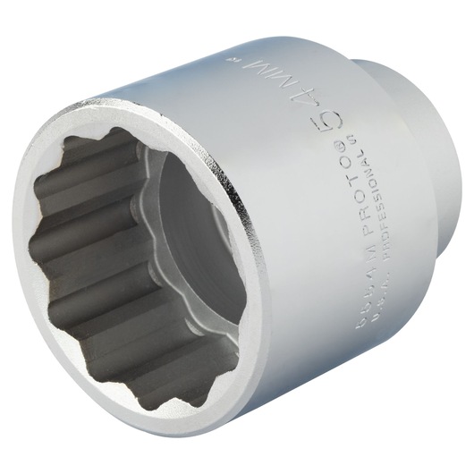 Photo of PROTO J5554M socket, 12-point, chrome finish, tool angled on white background.