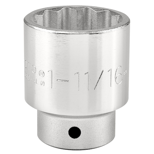 Photo of a PROTO J5554 chrome socket, 1-11/16 inch, twelve-point, side angle on white background.