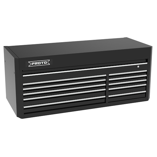 PROTO J556627B-10BK black metal tool chest with multiple chrome drawers, angled front view on white background.