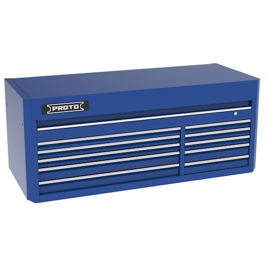 PROTO J556627B-10BL blue steel tool chest with multiple drawers, front angle on white background.