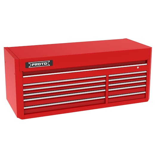 PROTO J556627B-10RD red steel tool chest with multiple drawers, angled front view, photography.