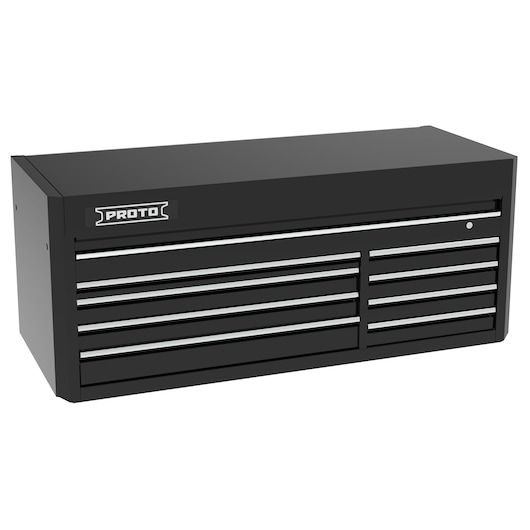 PROTO J556627B-8BK black tool chest with multiple drawers, angled view on white background.