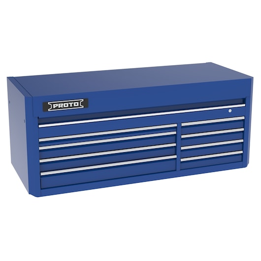 Photo of PROTO J556627B-8BL blue steel tool chest with multiple drawers, angled on white background.