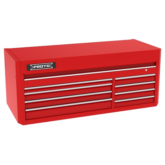 PROTO J556627B-8RD red tool chest with multiple drawers, front angle, photography on white background.