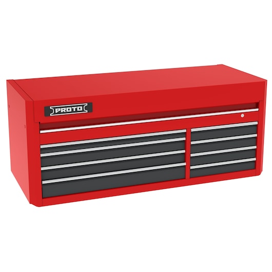 PROTO J556627B-8SG red steel tool chest with multiple drawers, angled view on white background.