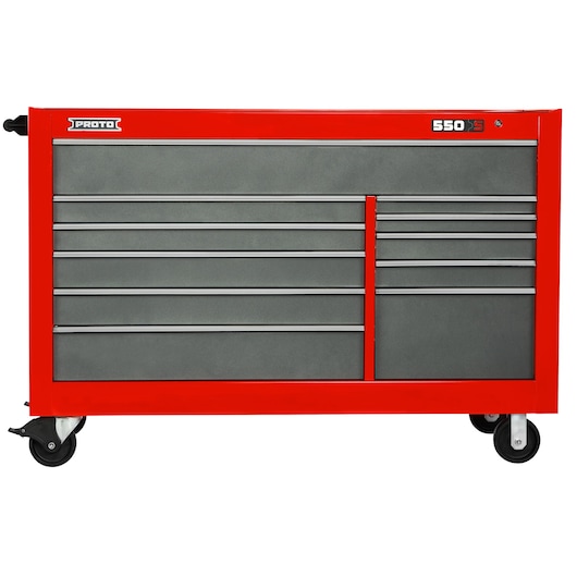 PROTO J556646-11SG red and gray rolling tool chest with multiple drawers, front angle, white background.