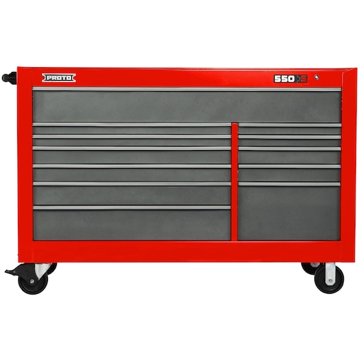 PROTO J556646-12SG tool chest with red frame, gray drawer fronts, and multiple drawers on casters, front angle.
