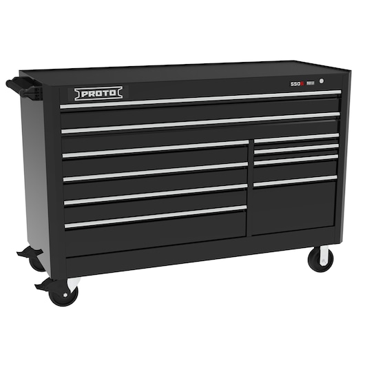 PROTO J556646B-10BK black tool chest with multiple drawers and wheels, photography, front angle.