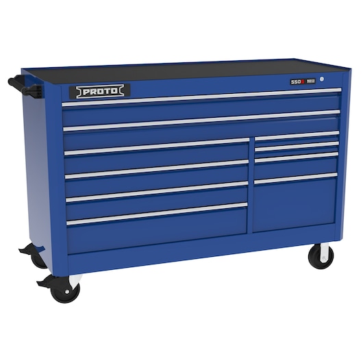 PROTO blue rolling tool chest with multiple drawers, side handles, and caster wheels, SKU J556646B-10BL, front angle.