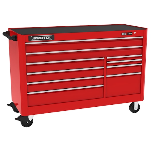 PROTO red rolling tool chest with multiple drawers, black top, SKU J556646B-10RD, front angle on white background.