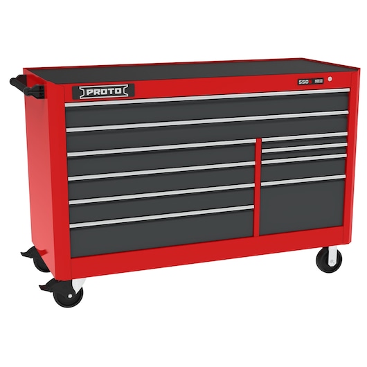 PROTO J556646B-10SG red and black rolling tool chest with multiple drawers, viewed from front on white background.