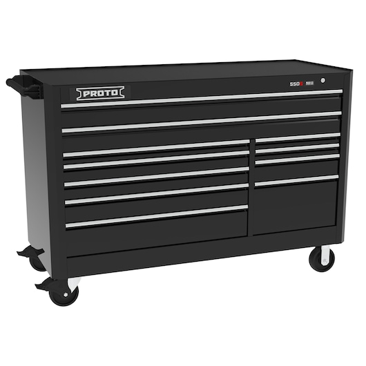 PROTO J556646B-11BK black rolling tool chest with multiple drawers, side angle, white background.