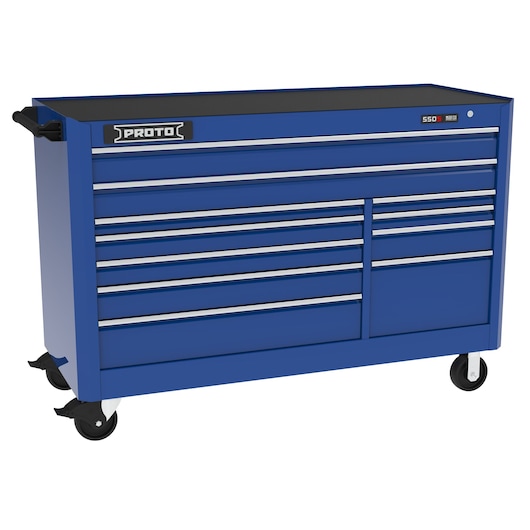 PROTO blue rolling tool cabinet J556646B-11BL with multiple drawers, side handle, and caster wheels, front view.
