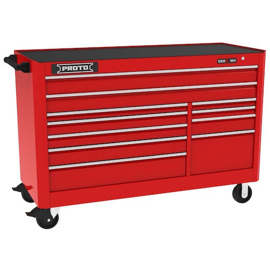 Photo of PROTO red rolling tool chest with multiple drawers, SKU J556646B-11RD, front angle.